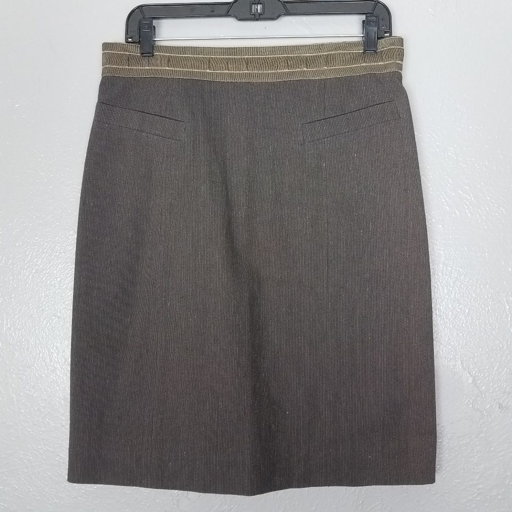 Etcetera Brown Pinstripe Linen Blend Banded Waist Pencil Skirt Size 10 EUC
